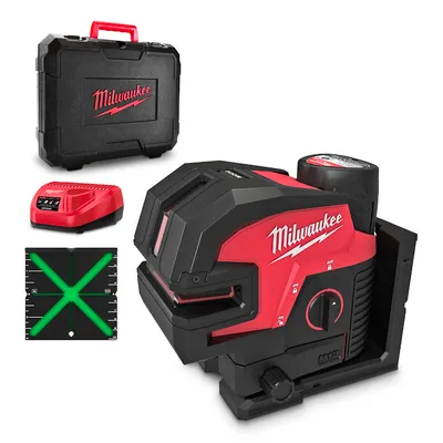Комбиниран лазерен нивелир Milwaukee с 2 линии и 4 точки с 1 батерия и зарядно, 12 V, 3 Ah, 38 м, 100 м, 0.3 мм/м, M12 CLL4P-301C