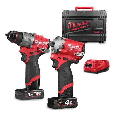 Комплект акумулаторни инструменти Milwaukee с 2 батерии и зарядно, M12 FPD2, M12 FIWF12, 12 V, 4 Ah, M12 FPP2H2-402X