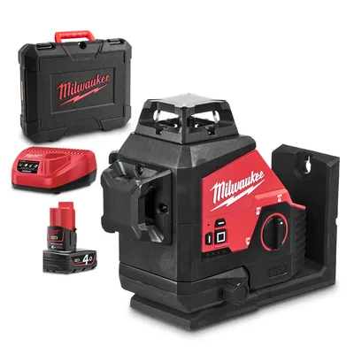 Линеен лазерен нивелир Milwaukee с 3 лъча батерия и зарядно, 12 V, 4 Ah, 38 м, 0.3 мм/м, M12 3PL-401C