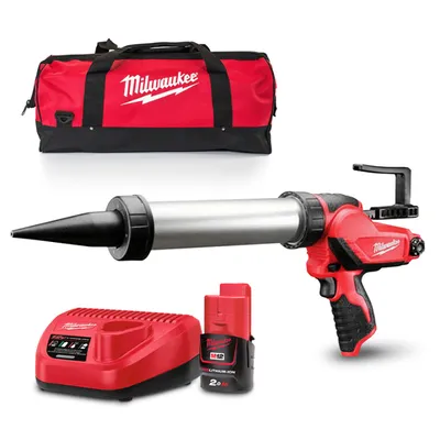 Акумулаторен пистолет Milwaukee за уплътнители тип салам  с 1 батерия и зарядно, 12 V, 2 Ah, 1780 N, 0.6 л, M12 PCG/600A-201B