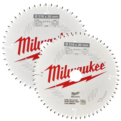 Диск циркулярен за рязане Milwaukee комплект 2 бр. с HM пластини за дърво 216 мм, 30 мм, 2.4 мм, 48/60 z, CSB MS