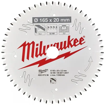 Диск циркулярен за рязане Milwaukee на алуминий с HM пластини с PTFE покритие  165 мм, 20 мм, 2.2 мм, 52 z, CSB P