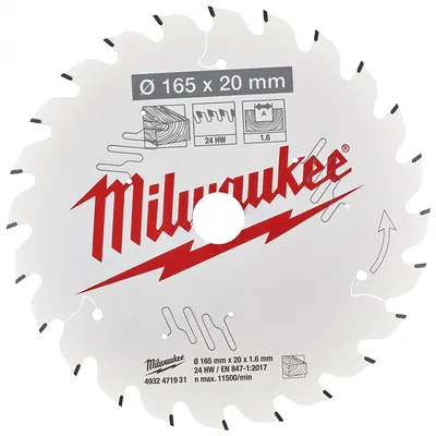 Диск циркулярен за рязане Milwaukee на дърво грубо с HM пластини 165 мм, 20 мм, 1.6 мм, 24 z, CSB P