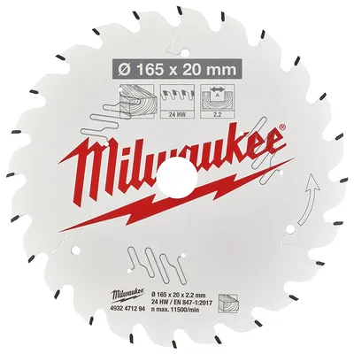 Диск циркулярен за рязане Milwaukee на дърво грубо с HM пластини 165 мм, 20 мм, 2.2 мм, 24 z, CSB P