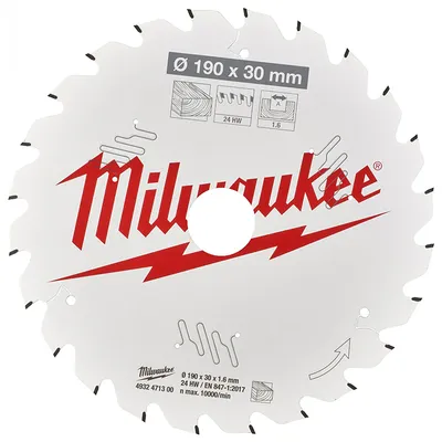 Диск циркулярен за рязане Milwaukee на дърво грубо с HM пластини 190 мм, 30 мм, 1.6 мм, 24 z, CSB P