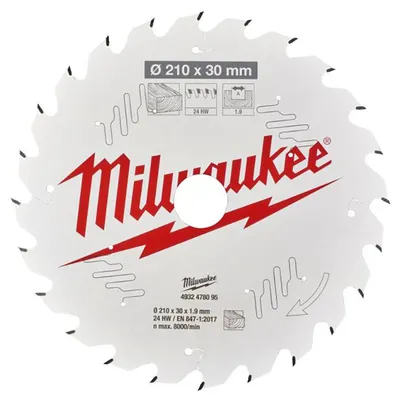 Диск циркулярен за рязане Milwaukee на дърво грубо с HM пластини 210 мм, 30 мм, 1.9 мм, 24 z, CSB TS