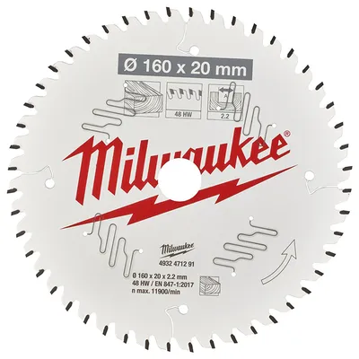 Диск циркулярен за рязане Milwaukee на дърво с HM пластини с PTFE покритие 160 мм, 20 мм, 2.2 мм, 48 z, CSB P