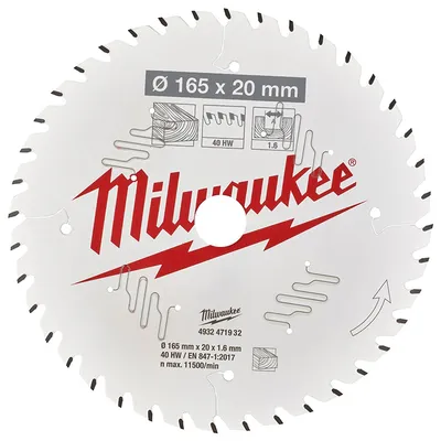 Диск циркулярен за рязане Milwaukee на дърво с HM пластини с PTFE покритие 165 мм, 20 мм, 1.6 мм, 40 z, CSB P