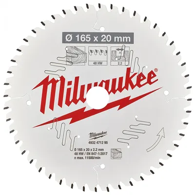Диск циркулярен за рязане Milwaukee на дърво с HM пластини с PTFE покритие 165 мм, 20 мм, 2.2 мм, 48 z, CSB P