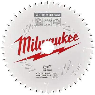 Диск циркулярен за рязане Milwaukee на дърво с HM пластини с PTFE покритие 216 мм, 30 мм, 2.4 мм, 48 z, CSB MS