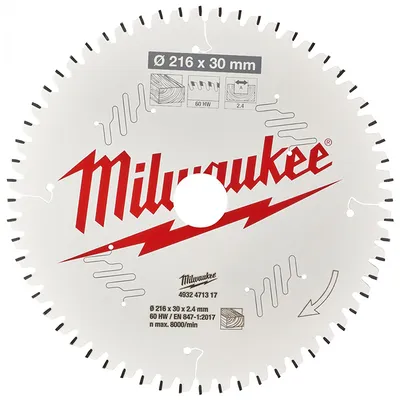 Диск циркулярен за рязане Milwaukee на дърво с HM пластини с PTFE покритие 216 мм, 30 мм, 2.4 мм, 60 z, CSB MS