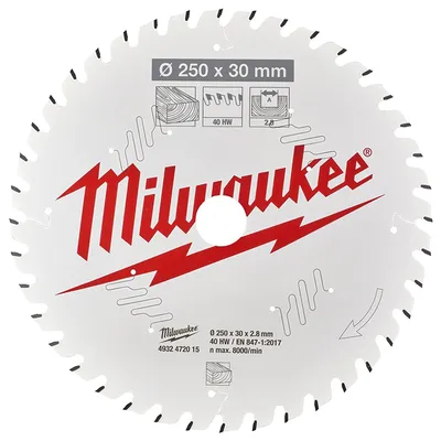 Диск циркулярен за рязане Milwaukee на дърво с HM пластини с PTFE покритие 250 мм, 30 мм, 2.8 мм, 40 z, CSB MS