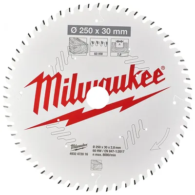 Диск циркулярен за рязане Milwaukee на дърво с HM пластини с PTFE покритие  250 мм, 30 мм, 2.8 мм, 60 z, CSB MS