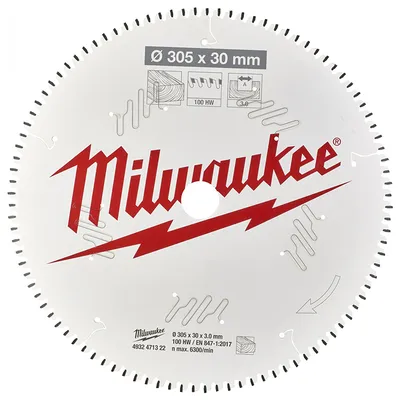 Диск циркулярен за рязане Milwaukee на дърво с HM пластини с PTFE покритие 305 мм, 30 мм, 3 мм, 100 z, CSB MS