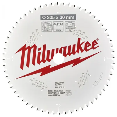 Диск циркулярен за рязане Milwaukee на дърво с HM пластини с PTFE покритие 305 мм, 30 мм, 3 мм, 60 z, CSB MS