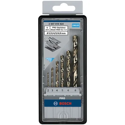 Свредло за метал HSS-Co Bosch с цилиндрична опашка комплект 2-8 мм, 6 бр., PRO Stainless Steel HSS-Co