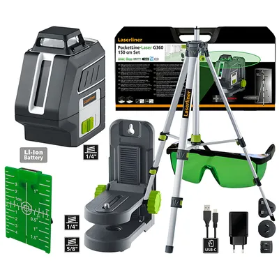 Линеен лазерен нивелир Laserliner с 2 лъча с тринога 20 м, 40 м, 0.3 мм/м, PocketLine-Laser G360