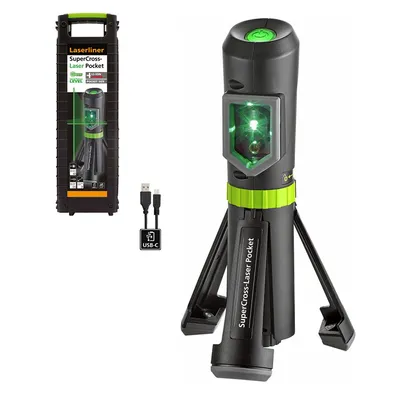 Линеен лазерен нивелир Laserliner с 2 лъча с вградена батерия и USB кабел, 3.7 V, 1 Ah, 40 м, 0.4 мм/м, SuperCross-Laser Pocket Plus