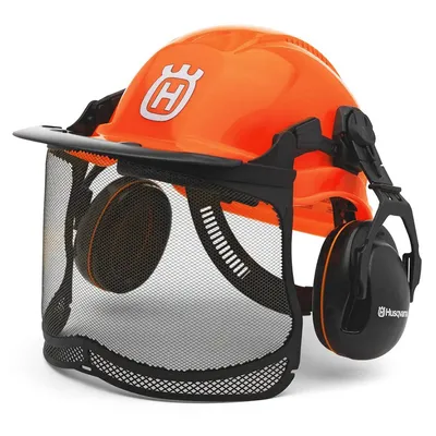 Каска Husqvarna противоударна с антифони и метална защитна мрежа оранжева, Functional