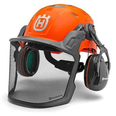 Каска Husqvarna противоударна с антифони и метална защитна мрежа оранжева, Technical