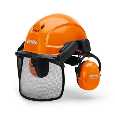 Каска STIHL противоударна с антифони и найлонова защитна мрежа 28 dB, оранжева, Dynamic