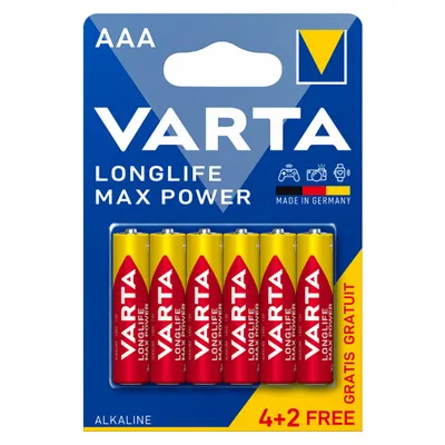 Батерия Varta кръгла алкална 1.5 V, AAA/LR03, 6 бр., Longlife Max Power