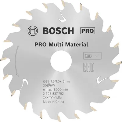 Диск карбиден за рязане Bosch на дърво, пластмаса, гипсокартон 85 мм, 15 мм, 1 мм, 30 z, PRO Multi Material cordless