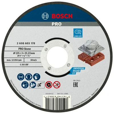 Диск карбофлексен за рязане Bosch на камък и неметали 125 мм, 3 мм, 22.23 мм, PRO Stone