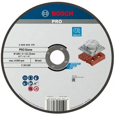 Диск карбофлексен за рязане Bosch на камък и неметали 180 мм, 3 мм, 22.23 мм, PRO Stone