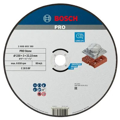Диск карбофлексен за рязане Bosch на камък и неметали 230 мм, 3 мм, 22.23 мм, PRO Stone
