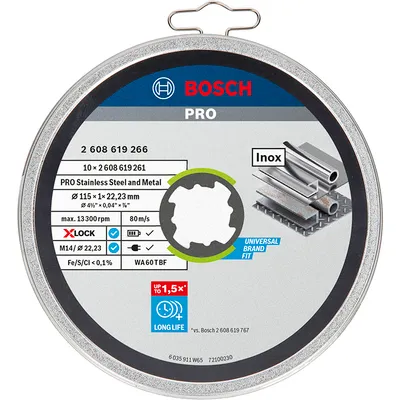 Диск карбофлексен за рязане Bosch на метал и неръждавейка 10 бр. 115 мм, 1 мм, 22.23 мм, PRO Stainless Steel and Metal X-Lock