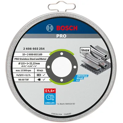 Диск карбофлексен за рязане Bosch на метал и неръждавейка 10 бр. 115 мм, 1 мм, 22.23 мм, PRO Stainless Steel and Metal
