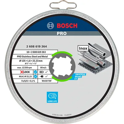 Диск карбофлексен за рязане Bosch на метал и неръждавейка 10 бр. 125 мм, 1.6 мм, 22.23 мм, PRO Stainless Steel and Metal X-Lock