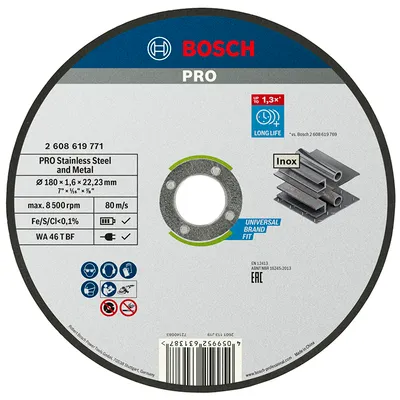Диск карбофлексен за рязане Bosch на метал и неръждавейка 180 мм, 1.6 мм, 22.23 мм, PRO Stainless Steel and Metal