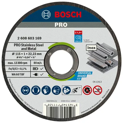 Диск карбофлексен за рязане Bosch на неръждаема стомана 115 мм, 1 мм, 22.23 мм, PRO Stainless Steel and Metal