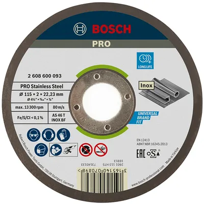 Диск карбофлексен за рязане Bosch на неръждаема стомана 115 мм, 2 мм, 22.23 мм, PRO Stainless Steel