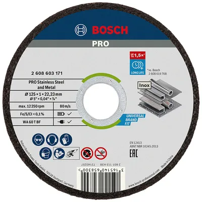 Диск карбофлексен за рязане Bosch на неръждаема стомана 125 мм, 1 мм, 22.23 мм, PRO Stainless Steel and Metal