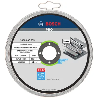 Диск карбофлексен за рязане Bosch на неръждаема стомана 125 мм, 1 мм, 22.23 мм, PRO Stainless Steel and Metal