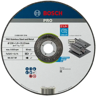 Диск карбофлексен за рязане Bosch на неръждаема стомана  230 мм, 1.9 мм, 22.23 мм, PRO Stainless Steel and Metal
