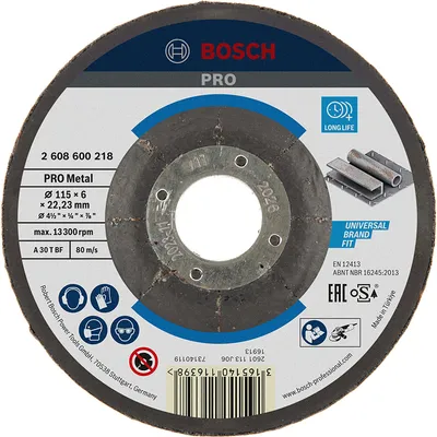Диск карбофлексен за шлайфане Bosch на метал 115 мм, 22.23 мм, 6 мм, PRO Metal