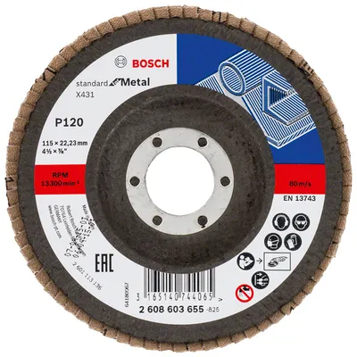 Ламелен диск за шлайфане Bosch на метал 115 мм, 22.23 мм, P120, конусен, Standard for Metal X431