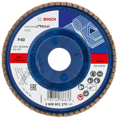 Ламелен диск за шлайфане Bosch на метал 115 мм, 22.23 мм, P40, прав, Standard for Metal X431