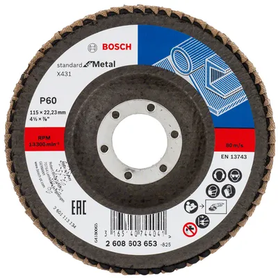 Ламелен диск за шлайфане Bosch на метал 115 мм, 22.23 мм, P60, конусен, Standard for Metal X431