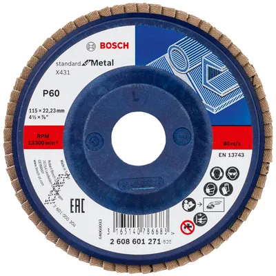 Ламелен диск за шлайфане Bosch на метал 115 мм, 22.23 мм, P60, прав, Standard for Metal X431