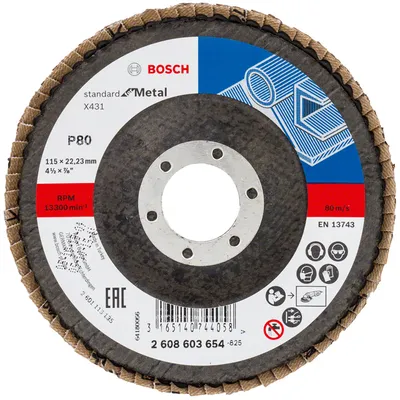Ламелен диск за шлайфане Bosch на метал 115 мм, 22.23 мм, P80, конусен, Standard for Metal X431