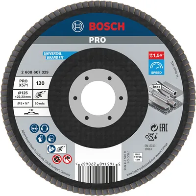 Ламелен диск за шлайфане Bosch на метал и неръждаема стомана 125 мм, 22.23 мм, P120, прав, PRO X571