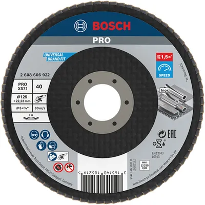 Ламелен диск за шлайфане Bosch на метал и неръждаема стомана 125 мм, 22.23 мм, P40, конусен, PRO X571