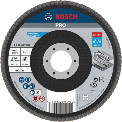 Ламелен диск за шлайфане Bosch на метал и неръждаема стомана 125 мм, 22.23 мм, P60, прав, PRO X571