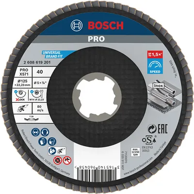 Ламелен диск за шлайфане Bosch на метал и неръждаема стомана  X-lock, 125 мм, P40, конусен, PRO X571