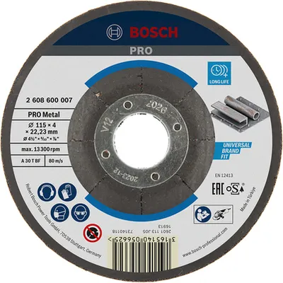 Диск карбофлексен за шлайфане Bosch на метал 115 мм, 22.23 мм, 4 мм, PRO Metal